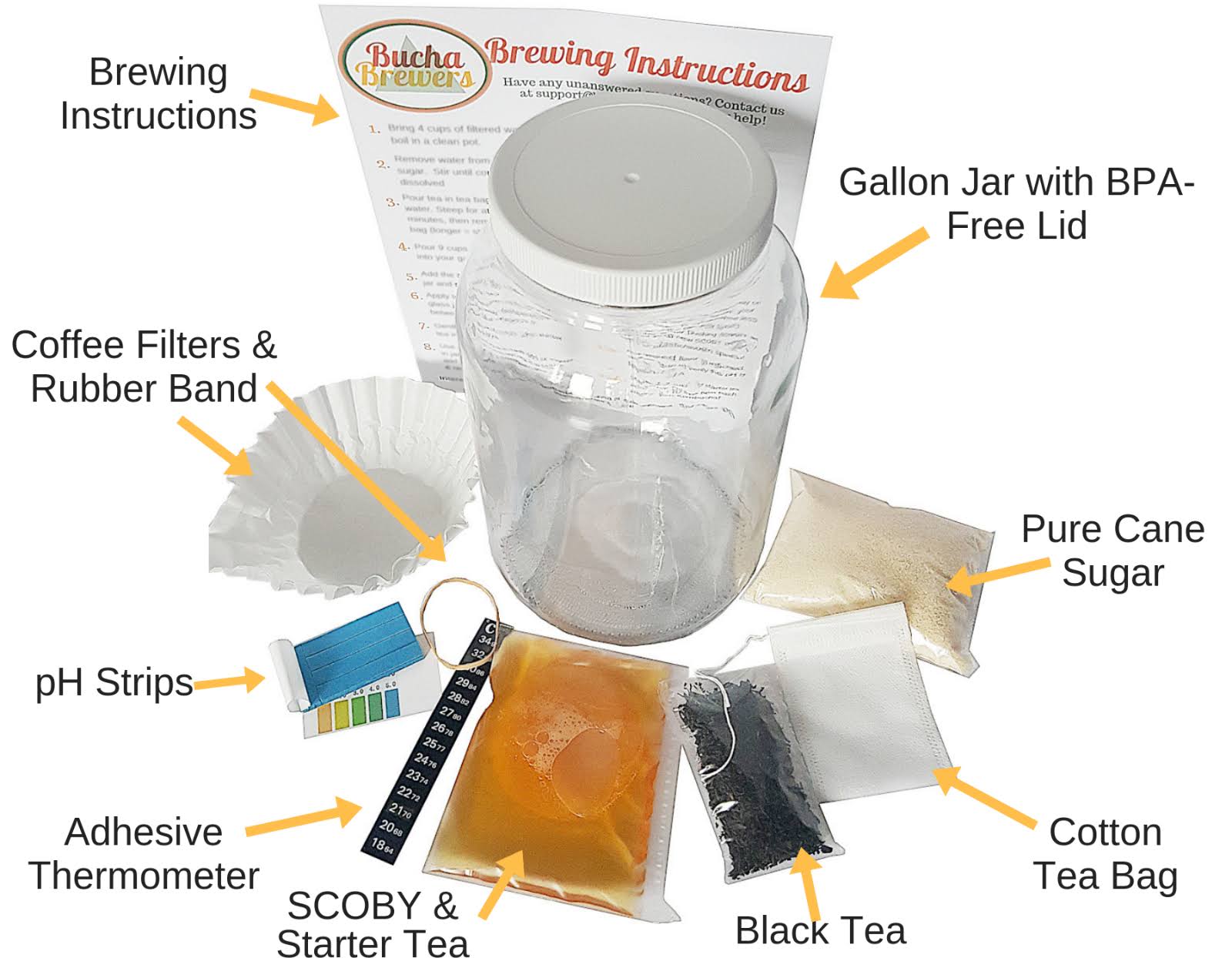 Kombucha Starter Kit with SCOBY, Starter Tea, Organic Sugar, Gallon Glass Jar with Lid T12499