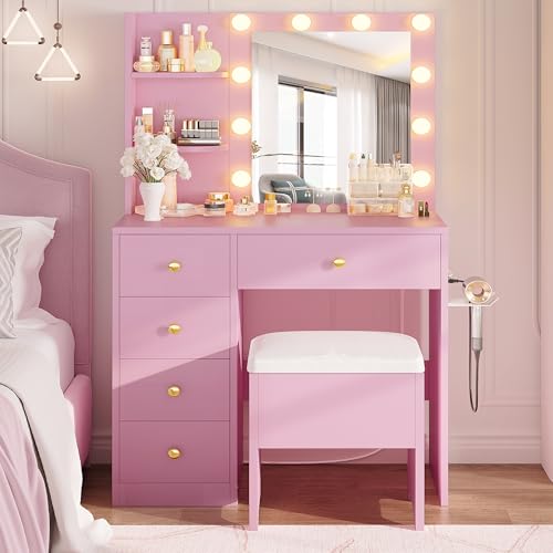 White Vanity Desk with Mirror and Lights, 5 Drawers, and Stool K800961
