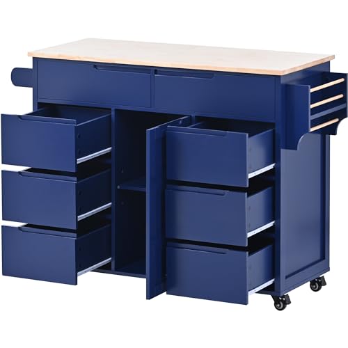 Farmhouse Kitchen Island with Power Outlet, Rolling Cart with Drop Leaf, Storage Cabinet Table on Wheels with Spice Rack and Drawer A485
