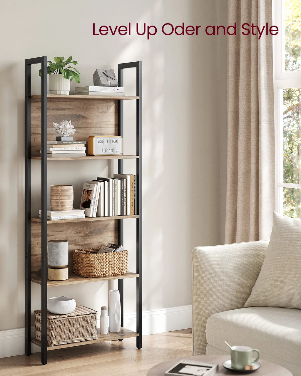 5 Tier Rustic Walnut Black Bookshelf Z5994