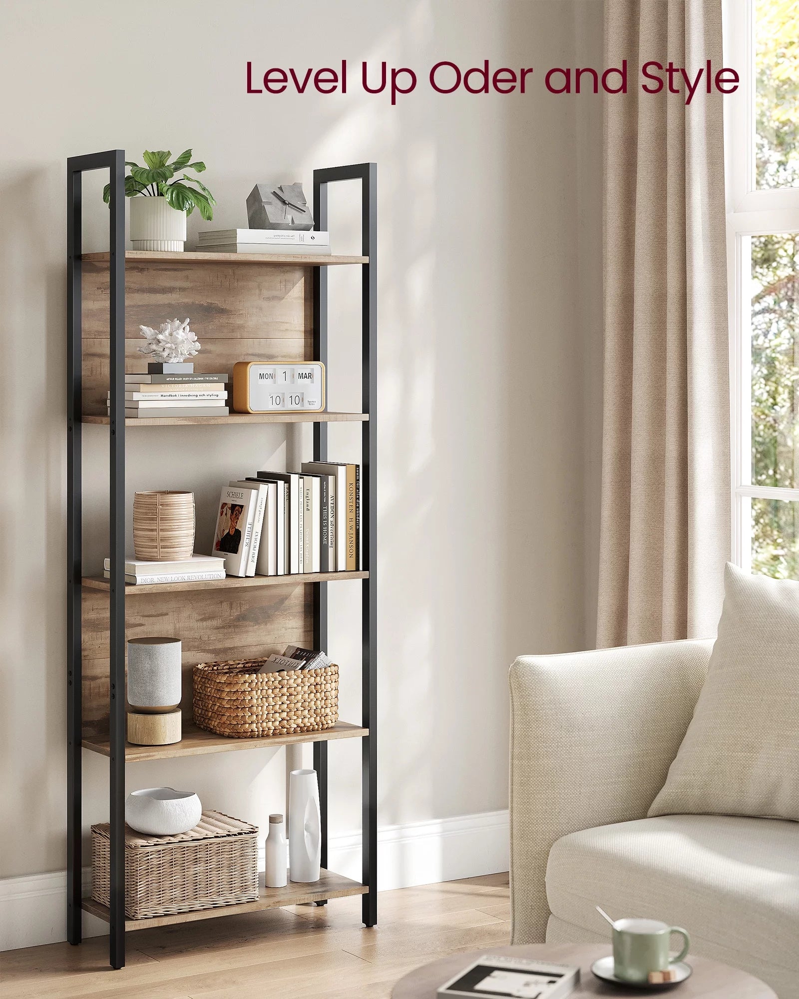 5 Tier Rustic Walnut Black Bookshelf Z5994