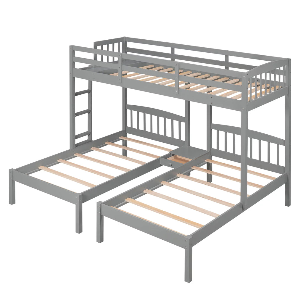 Triple Twin Solid Wood Bunk Beds with Guardrail and Ladder and Built-in Middle Drawer Q532097