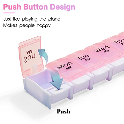 Large 7 Day Pill Organizer 2 Times a Day, AM PM Pill Box, 14 Dividers Vitamin Holder with Push Button Q52411