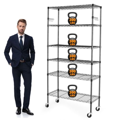 Black 6 Tier Adjustable Metal Wire Shelving Rack with Wheels A54235