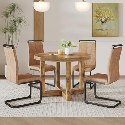 Round Dining Table Set for 4 Wood Upholstered Chair Brown T784073