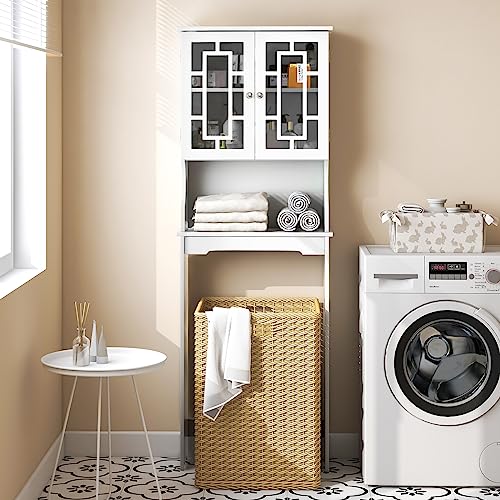 Gray Wooden Over The Toilet Storage Cabinet with Double Doors and Adjustable Shelf G427