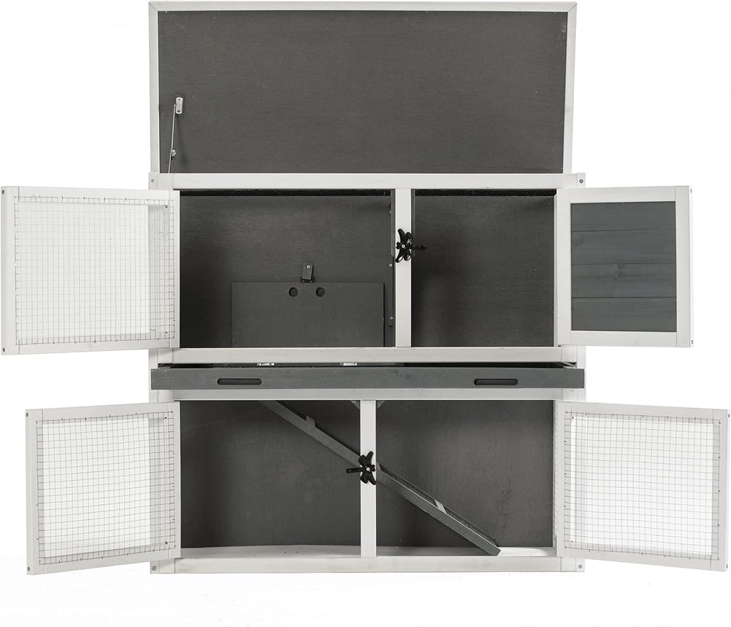 Two Floors Wooden Rabbit Hutch Outdoor with Ramp Removable Tray and Weatherproof Roof J99971