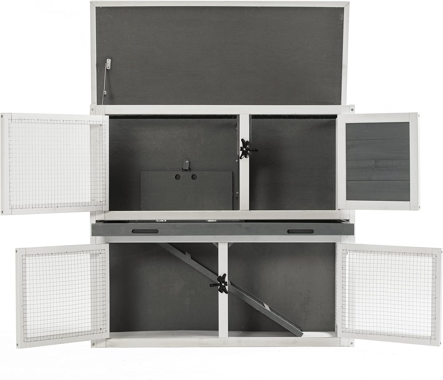 Two Floors Wooden Rabbit Hutch Outdoor with Ramp Removable Tray and Weatherproof Roof J99971
