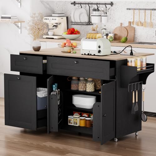 Kitchen Island on Wheels with Storage, Drop Leaf, Power Outlet, Trash Can Storage, Spice Rack, Towel Rack, Drawers L944