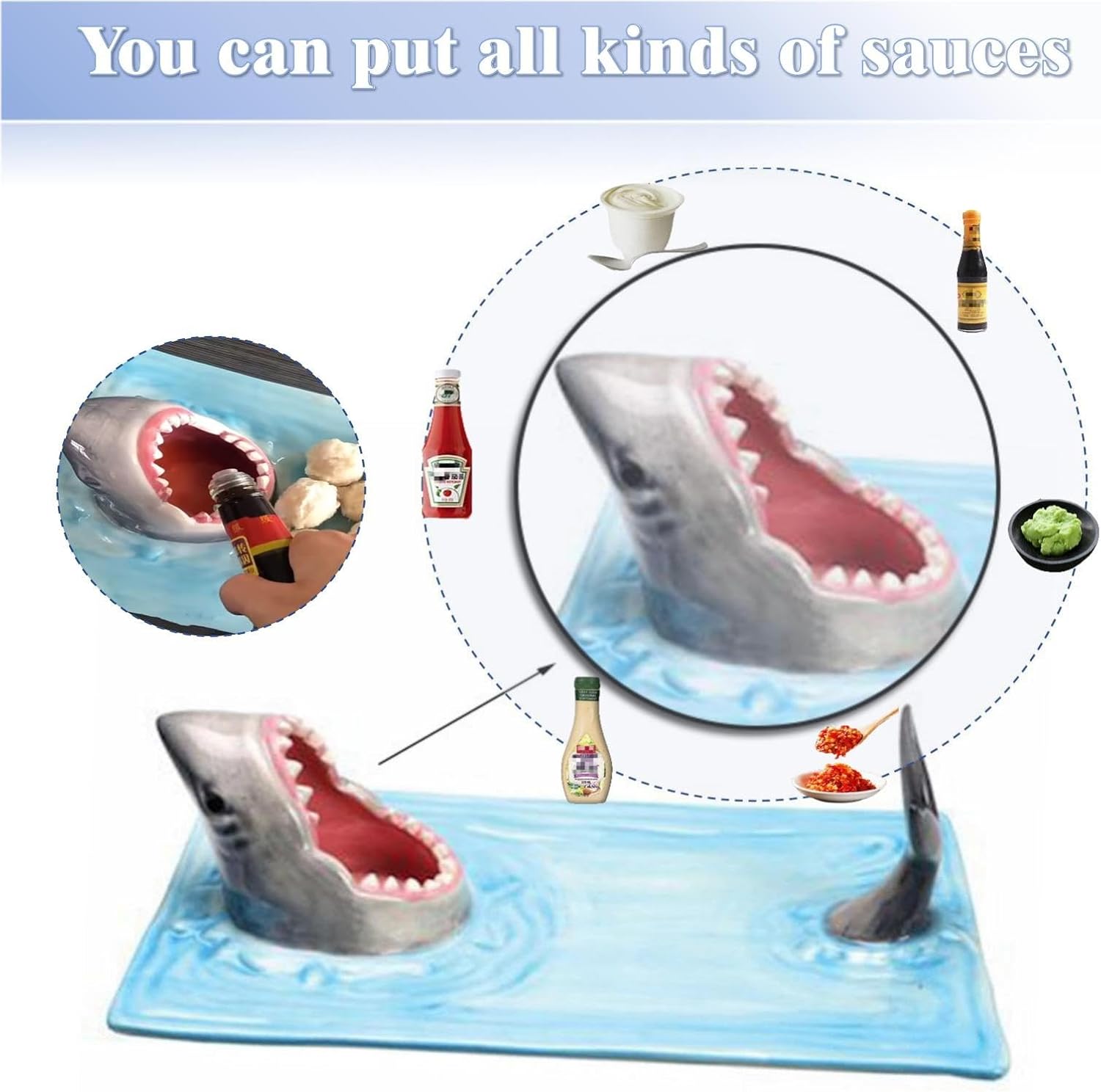 Hand-painted Ceramic Sushi Shark Plate with sauce compartment F573356