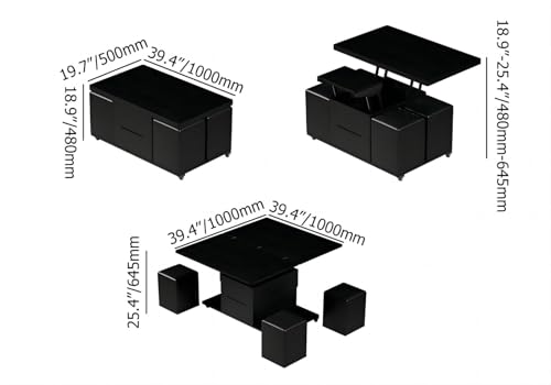 Black Lift-Top Coffee Table with Hidden Storage, 4 Stools and Lockable Wheels Q566720