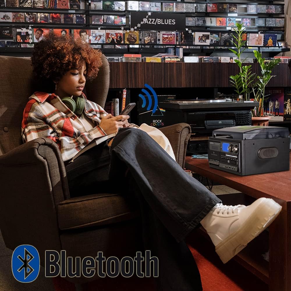 Vinyl Record Player 9 in 1 3 Speed Bluetooth Turntable CD Cassette Player AM/FM Radio USB Recorder Aux-in RCA Line-Out Black A864592