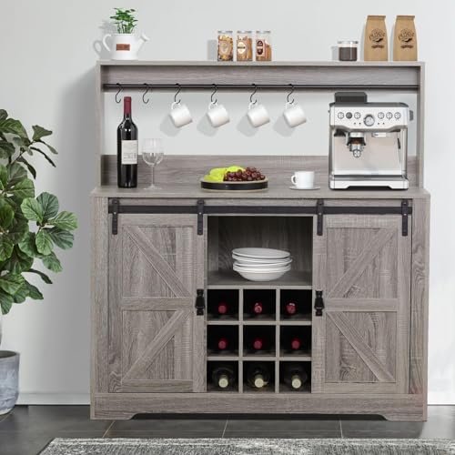 Grey Coffee Bar Cabinet with Sliding Barn Door and Adjustable Shelves M328