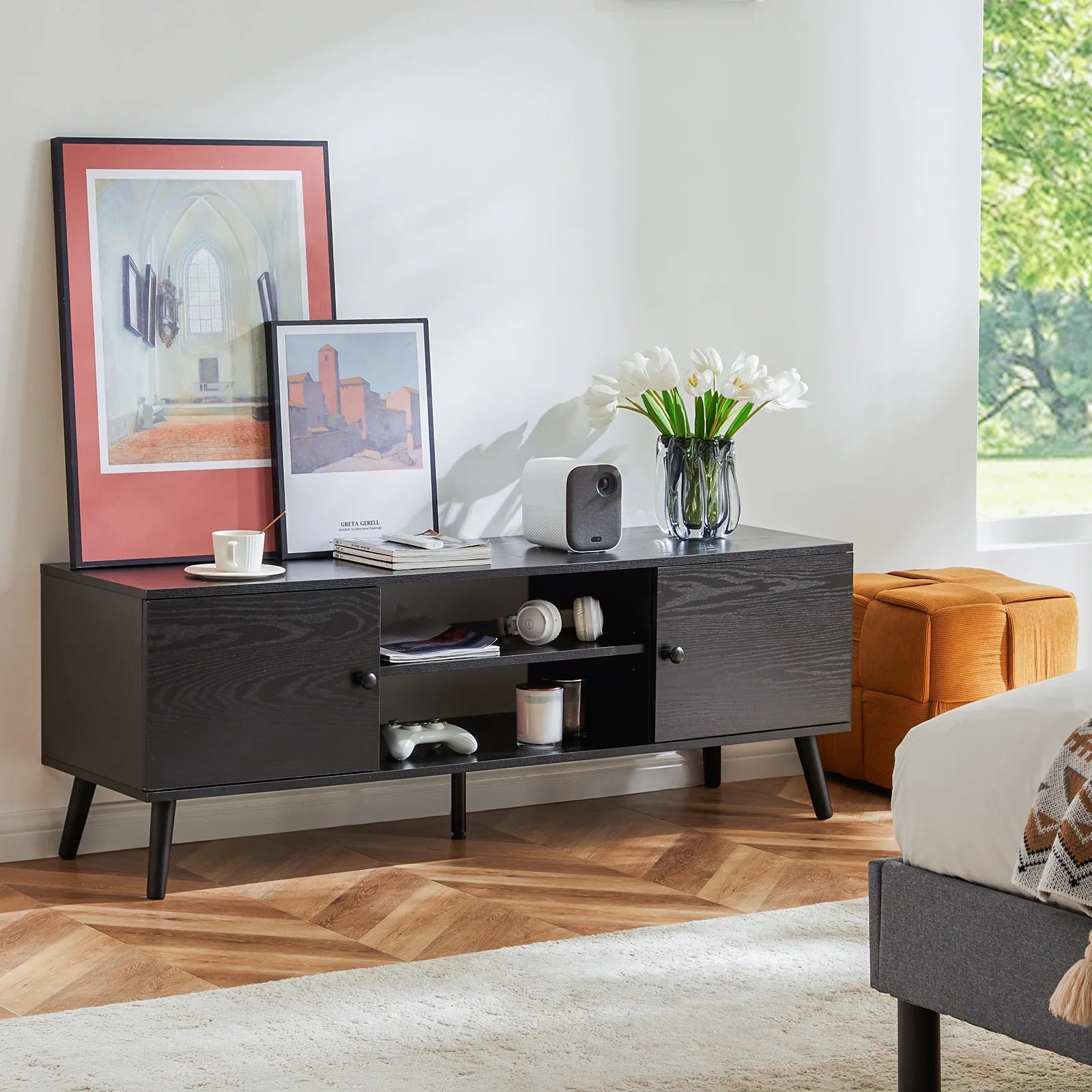 Black TV Stand with Storage Cabinets F3519