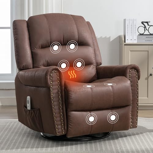 Brown Leather Swivel Rocker Recliner with Massage & Heating O920