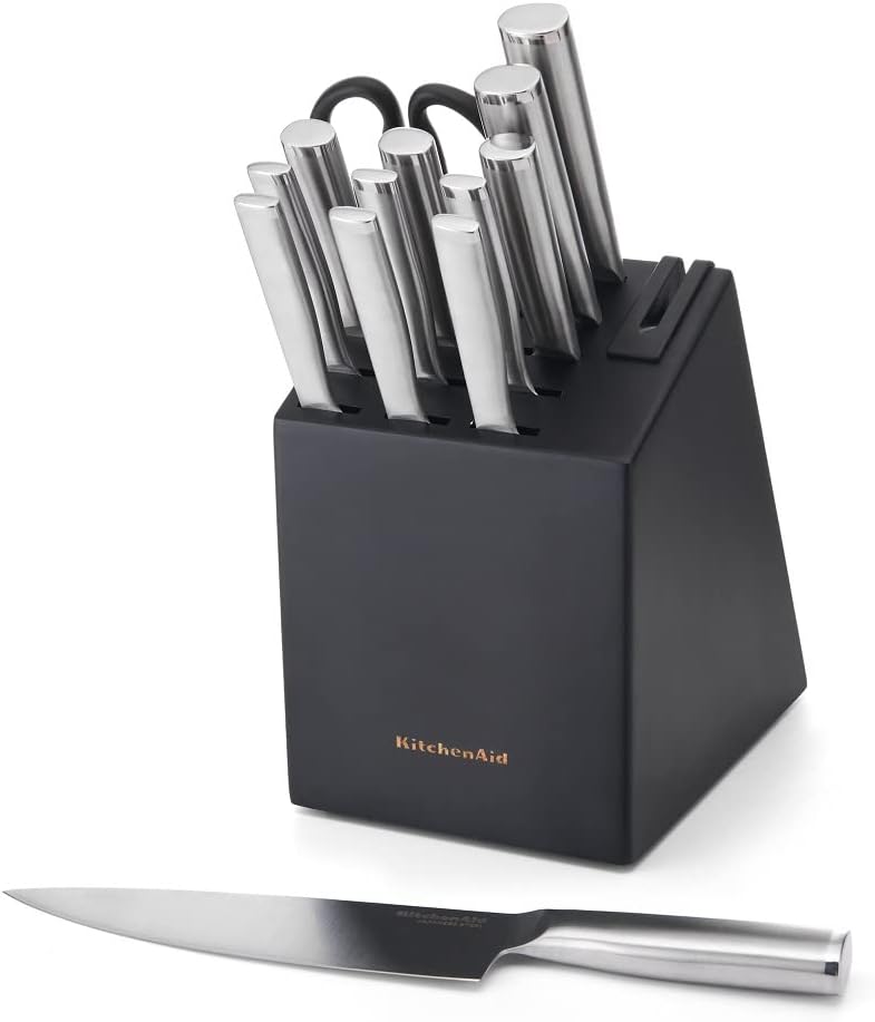 14 Piece Black Stainless Steel Knife Block Set with Built-in Knife Sharpener O357