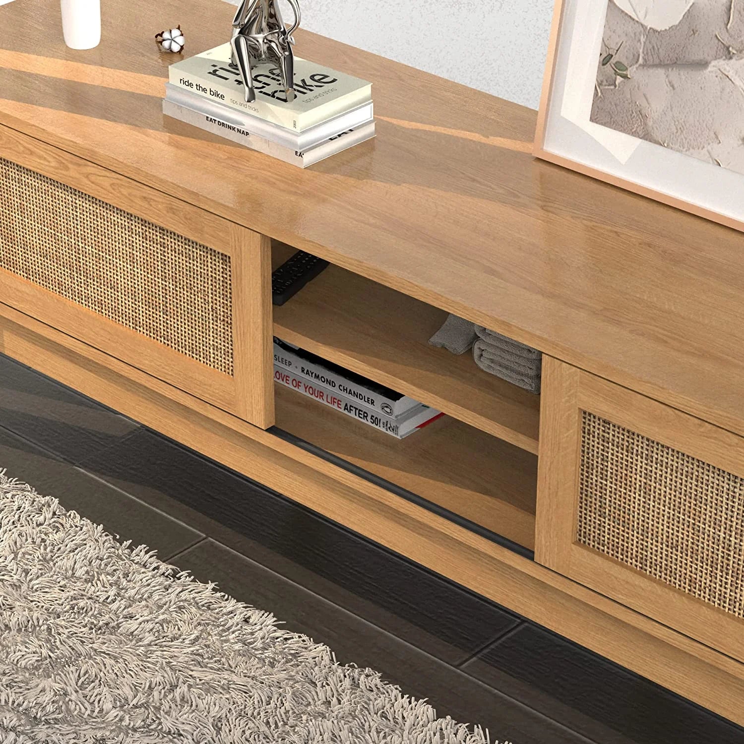 Rattan Sliding Doors Low Profile Television Stand 59 Inch U954805