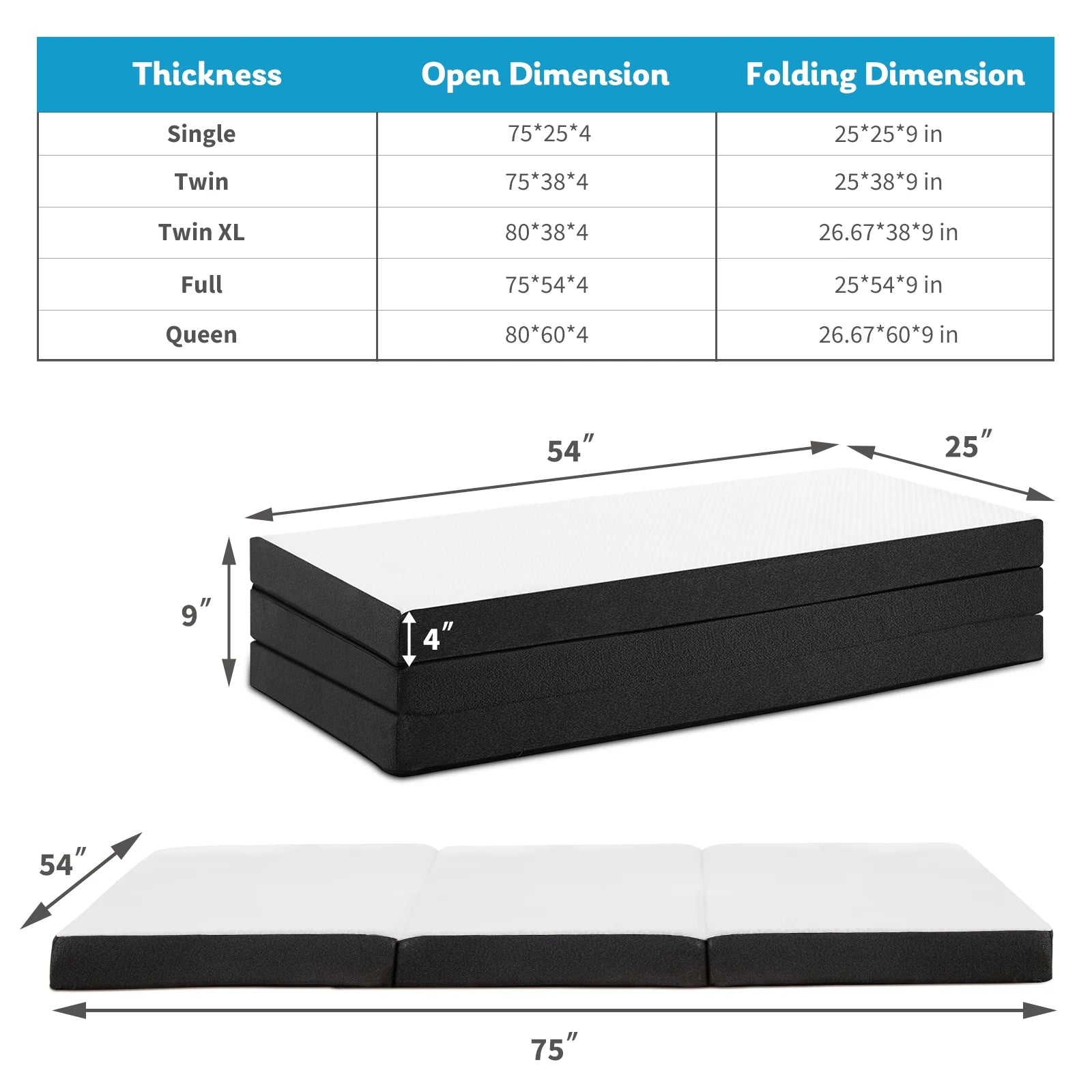 4 Inch Tri Folding Memory Foam Mattress with Breathable Cover O6508