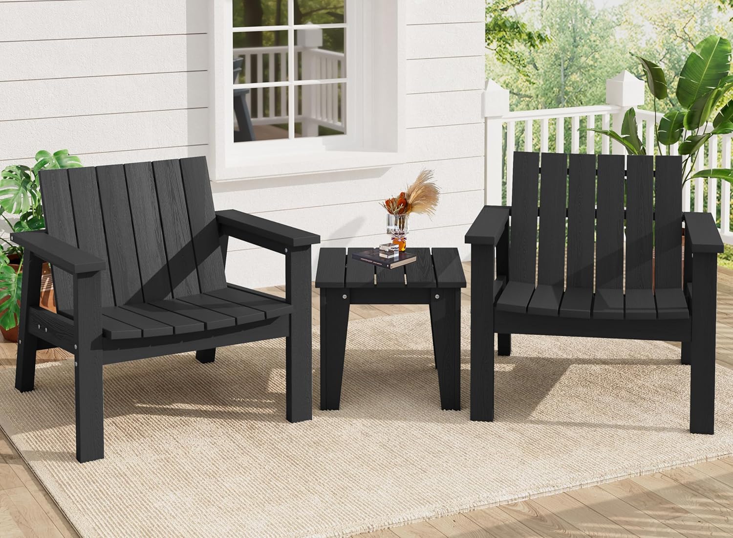 3 Piece HDPE Adirondack Chair Set with Side Table Black J723