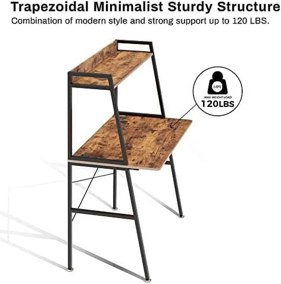 Rustic Brown 43 Inch 2-Tier Computer Desk with Shelves Metal Frame G42234