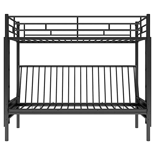 Black Metal Twin over Futon Bunk Bed with Guardrails and 2 Ladders F627