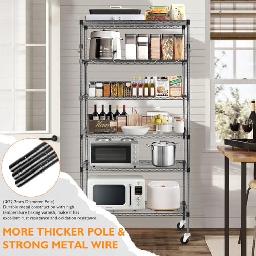 Black 6 Tier Adjustable Metal Wire Shelving Rack with Wheels A54235