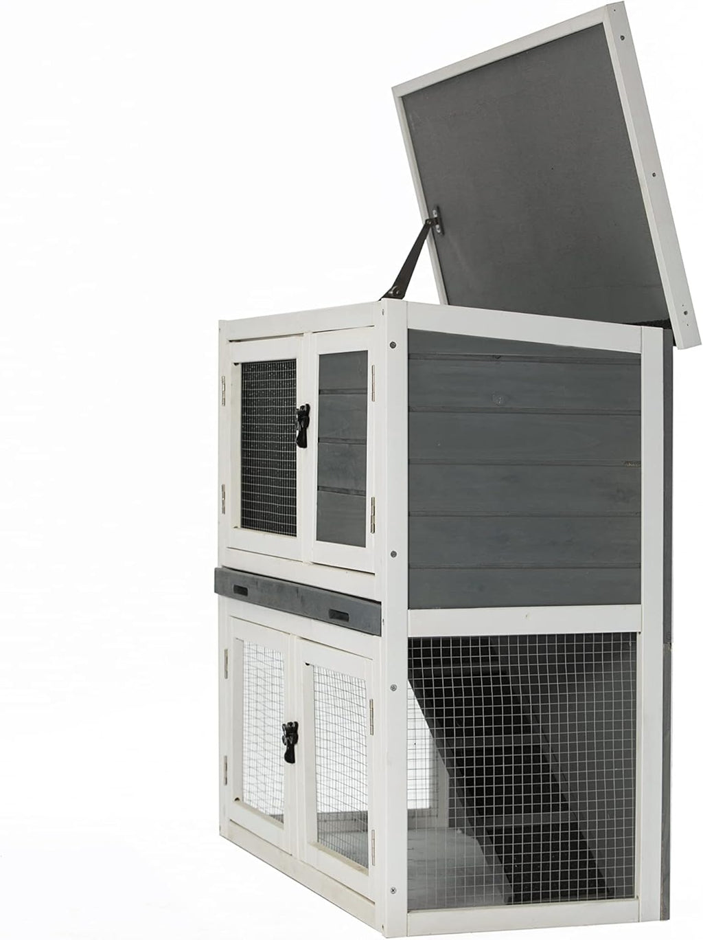 Two Floors Wooden Rabbit Hutch Outdoor with Ramp Removable Tray and Weatherproof Roof J99971
