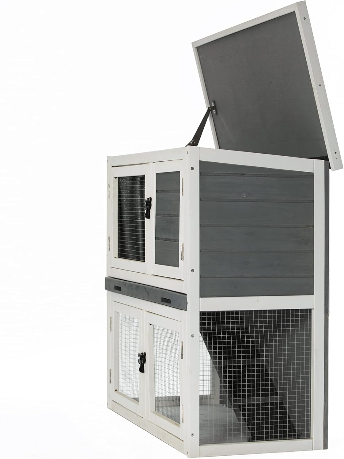 Two Floors Wooden Rabbit Hutch Outdoor with Ramp Removable Tray and Weatherproof Roof J99971