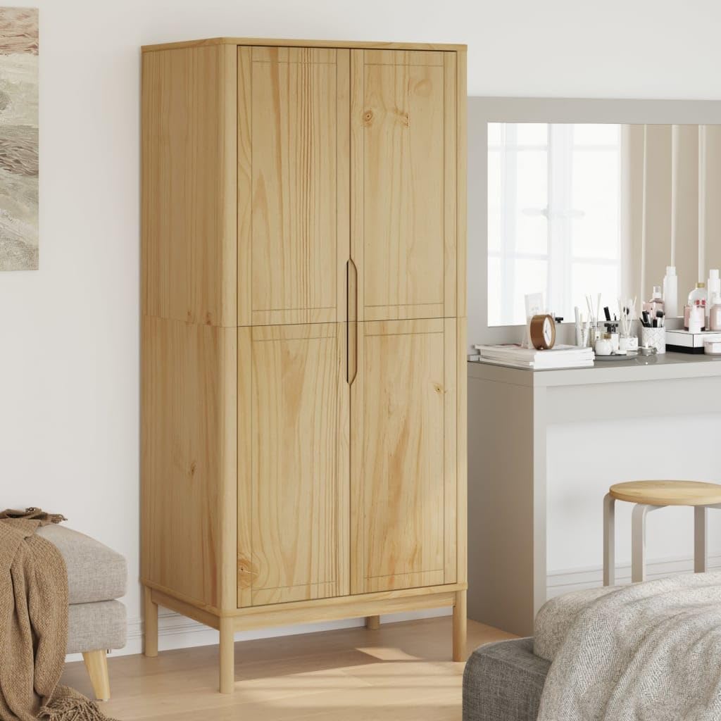 Solid Pine Wood Wax Brown Wardrobe M4373