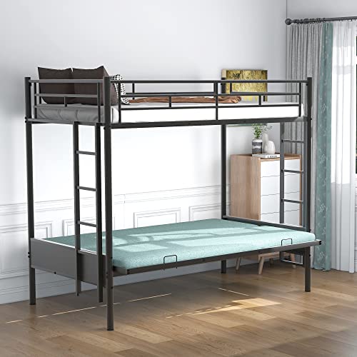 Black Metal Twin over Futon Bunk Bed with Guardrails and 2 Ladders F627