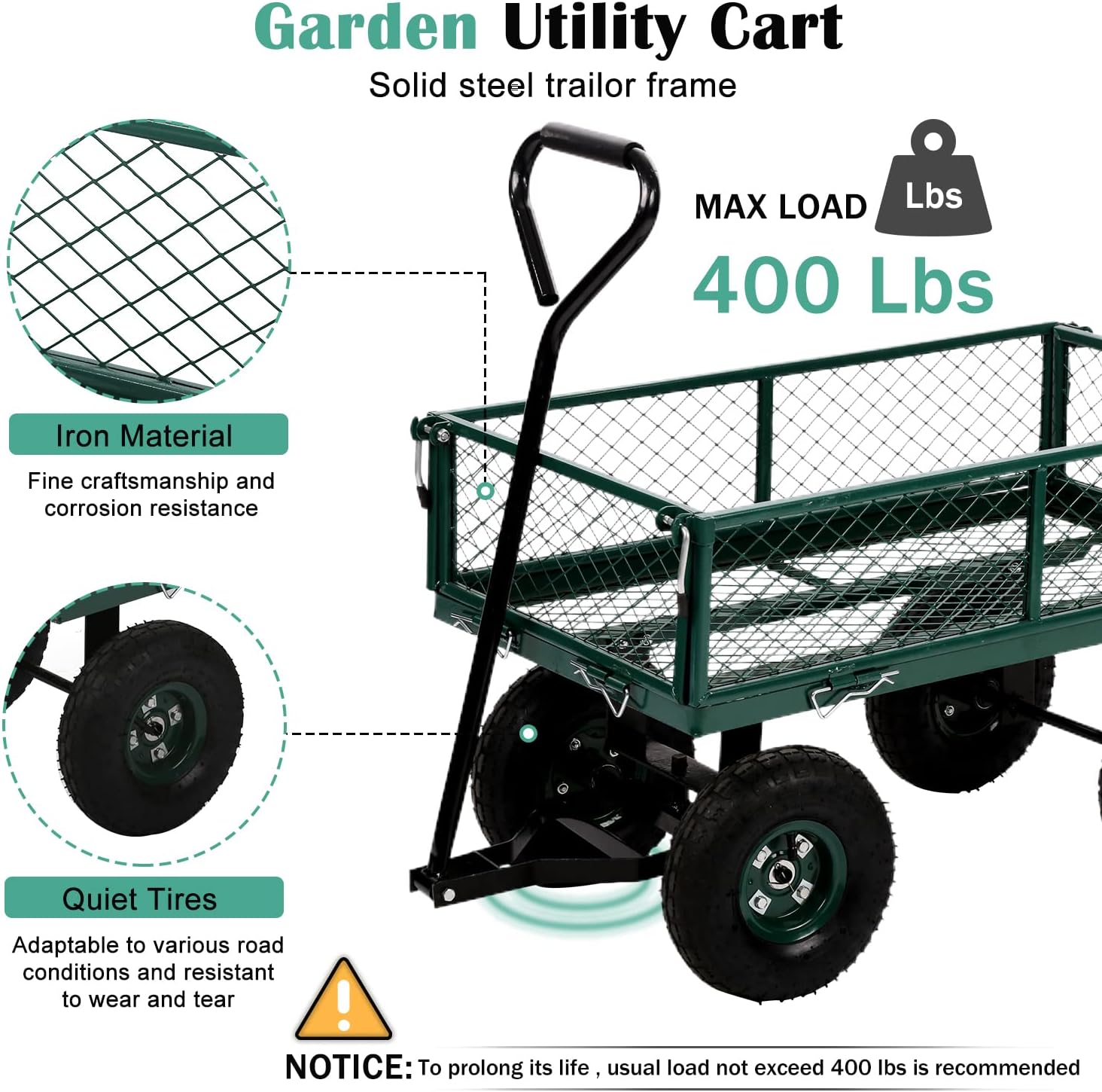 Heavy Duty Utility Wagon Garden Cart with Removable Sides, 400lb Weight Capacity, Folding Collapsible Wagon D1998