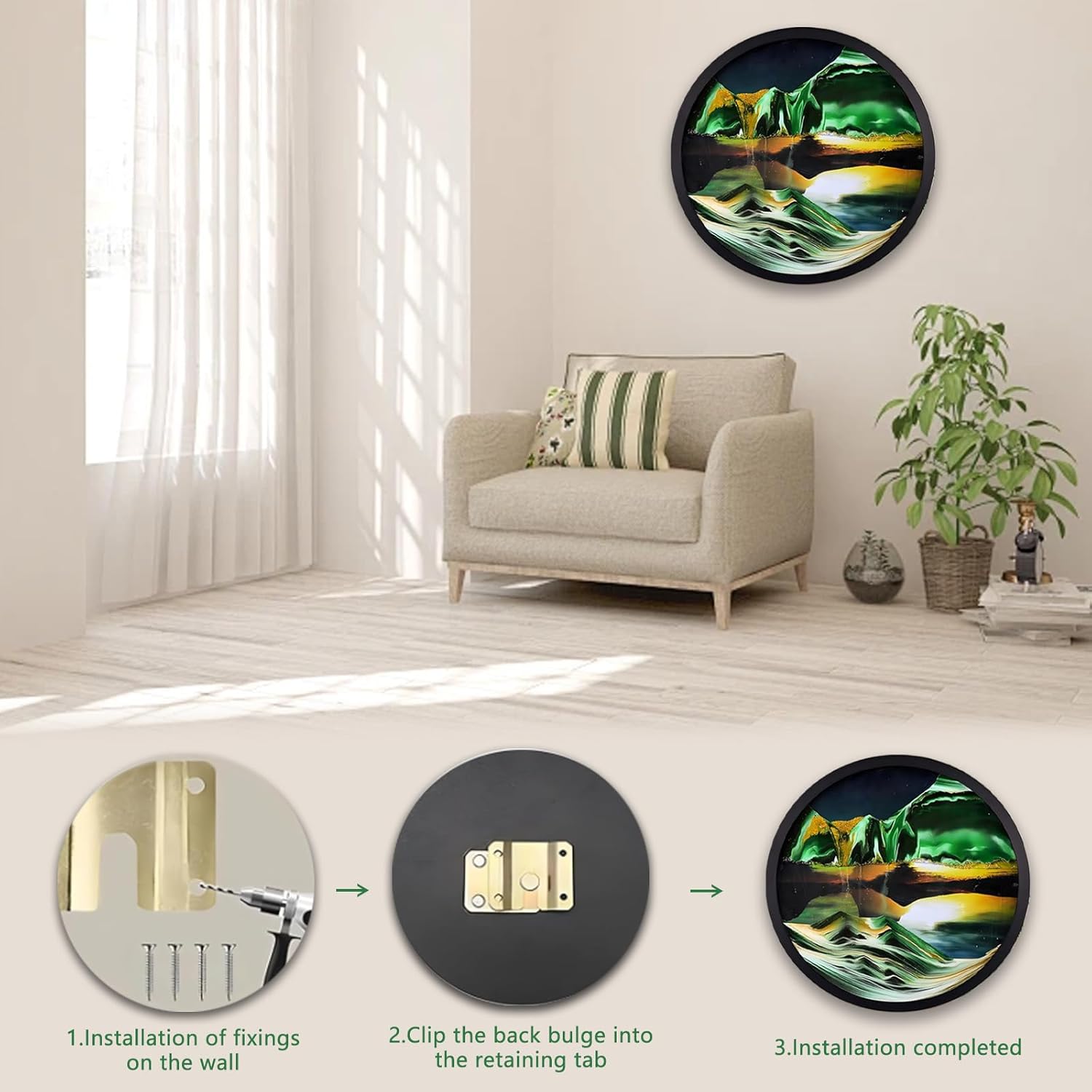 17.3'' 3D Sand Art Liquid Motion Moving Wall Art Glass Crafts Solid Wood Frame (Green) C321027