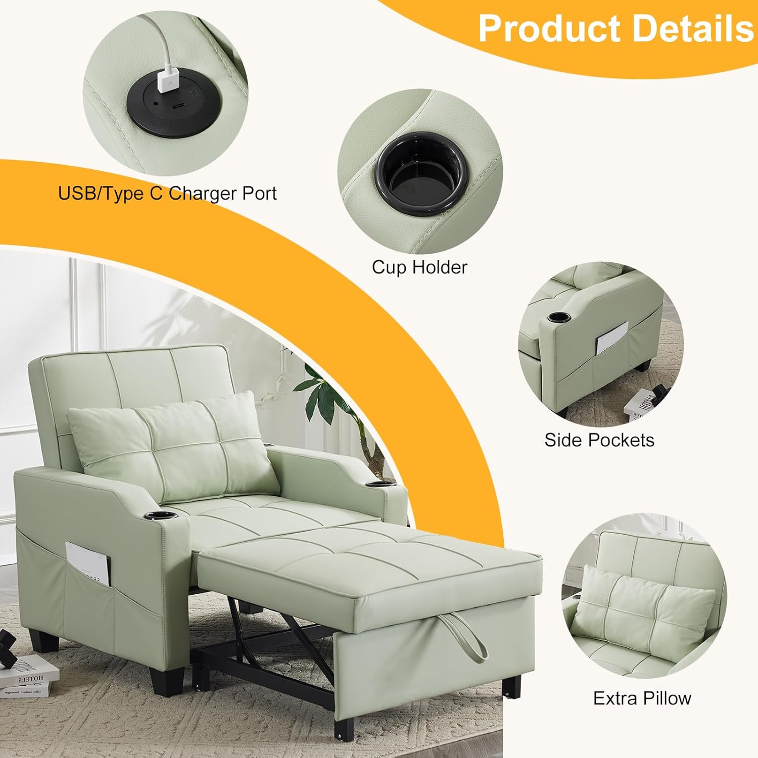 PU Leather Mint Green Sleeper Chair Sofa Bed Y282790