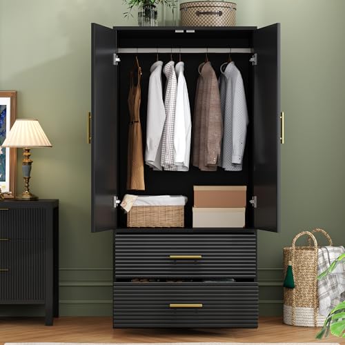 White Freestanding Wooden Armoire with 2 Drawers and Hanging Rod B94229