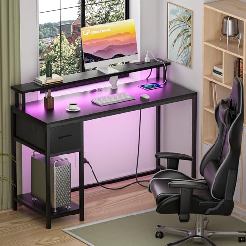 Black Gaming Desk with LED Lights and Drawer C8511