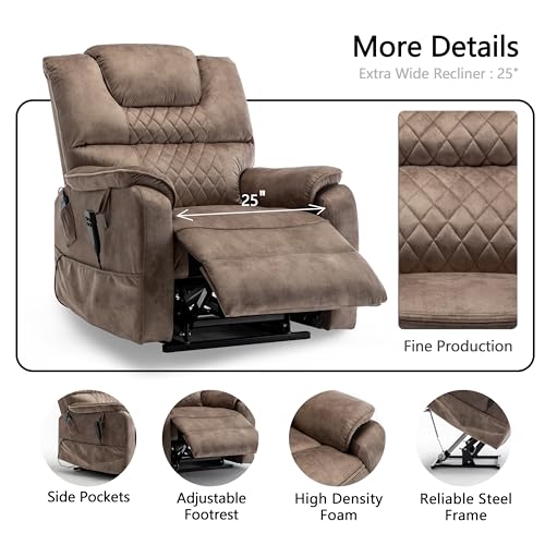 Brown Velvet Oversized Power Lift Recliner Chair with Massage Heat L209