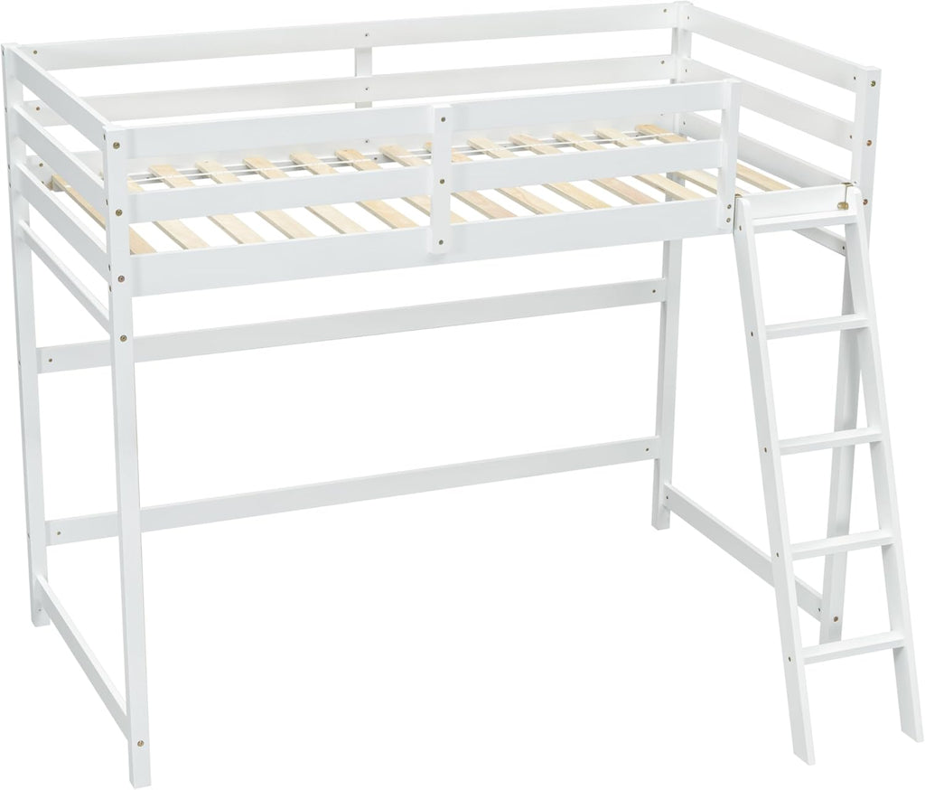 White Twin Size Wooden Loft Bed with Ladder and Guardrail U9906