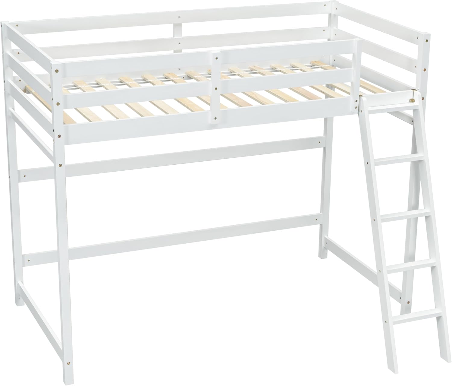 White Twin Size Wooden Loft Bed with Ladder and Guardrail U9906