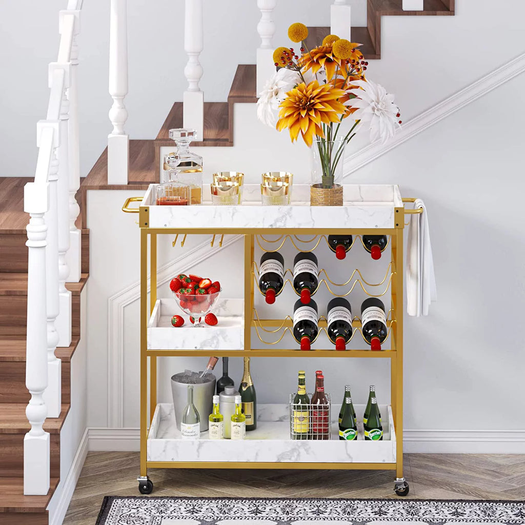 Gold Bar Cart with 12 Bottle Wine Rack T930712