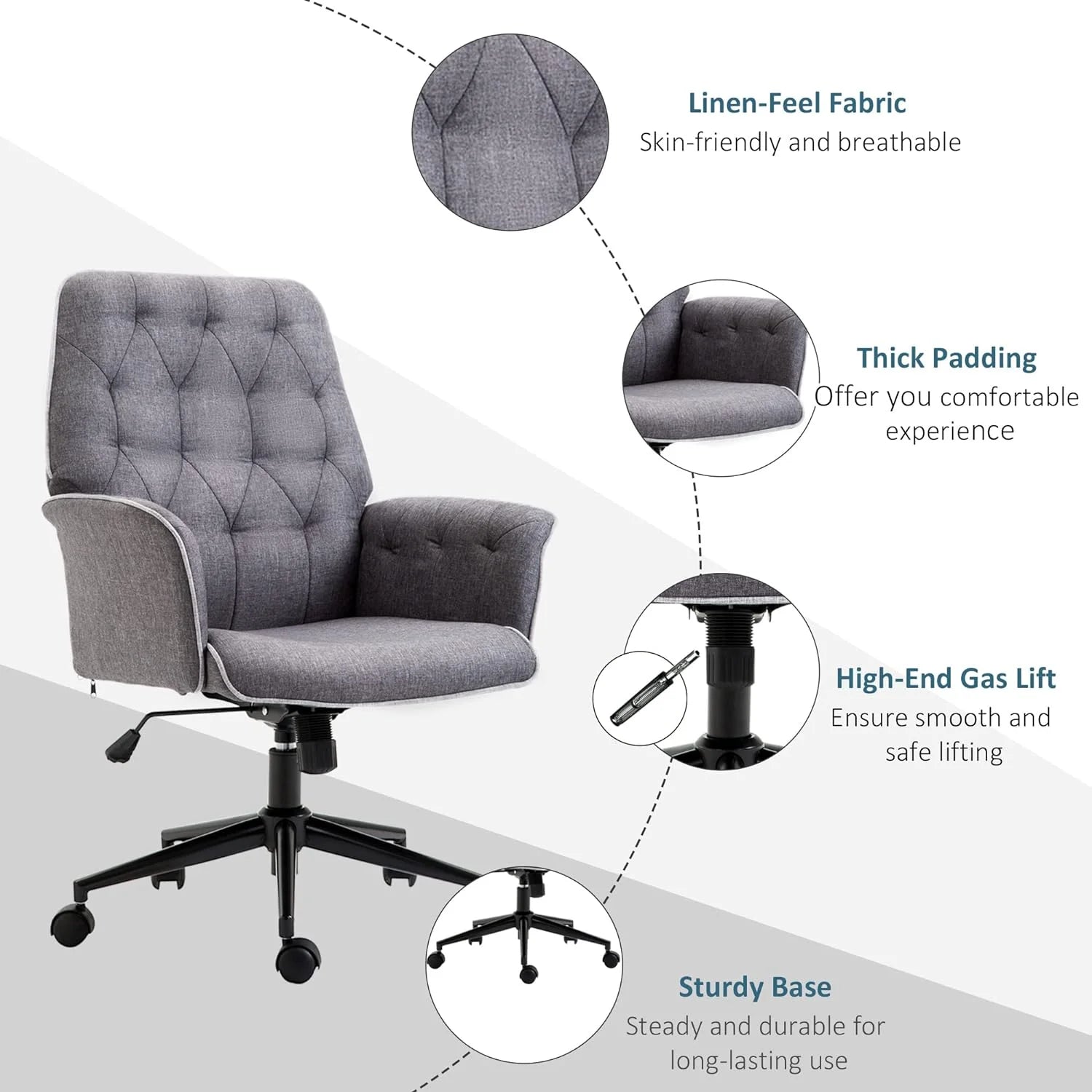 Dark Gray Linen Office Chair with Swivel Wheels D658