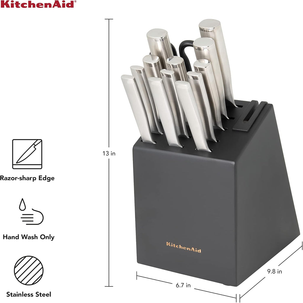 14 Piece Black Stainless Steel Knife Block Set with Built-in Knife Sharpener O357