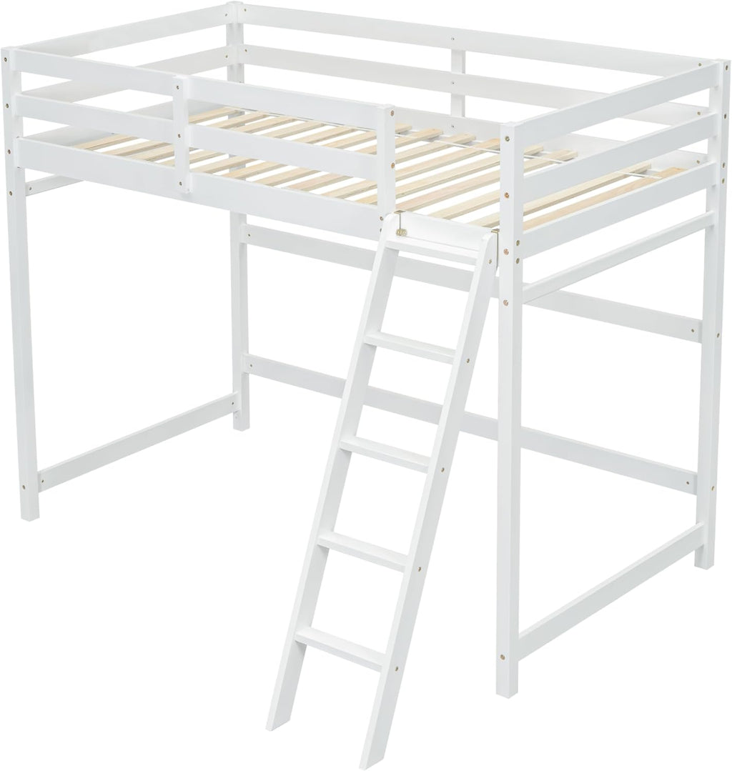 White Twin Size Wooden Loft Bed with Ladder and Guardrail U9906