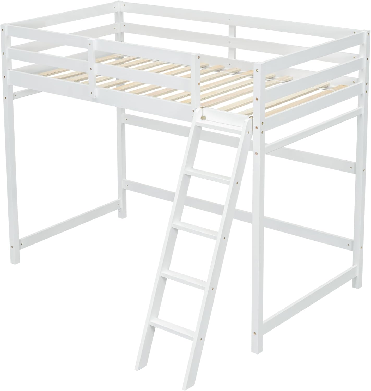 White Twin Size Wooden Loft Bed with Ladder and Guardrail U9906