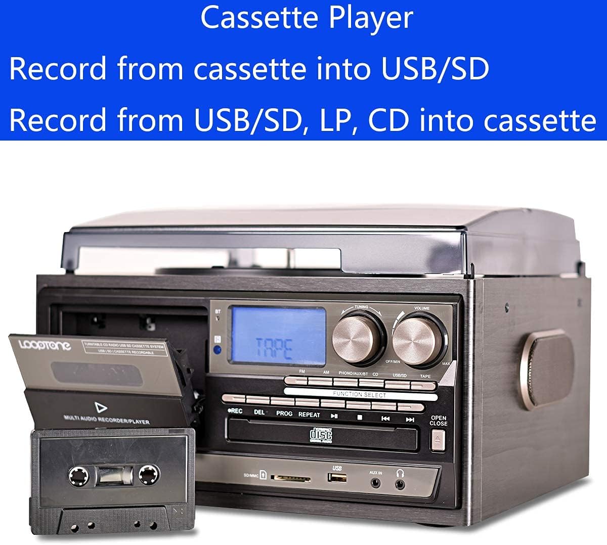 Vinyl Record Player 9 in 1 3 Speed Bluetooth Turntable CD Cassette Player AM/FM Radio USB Recorder Aux-in RCA Line-Out Black A864592