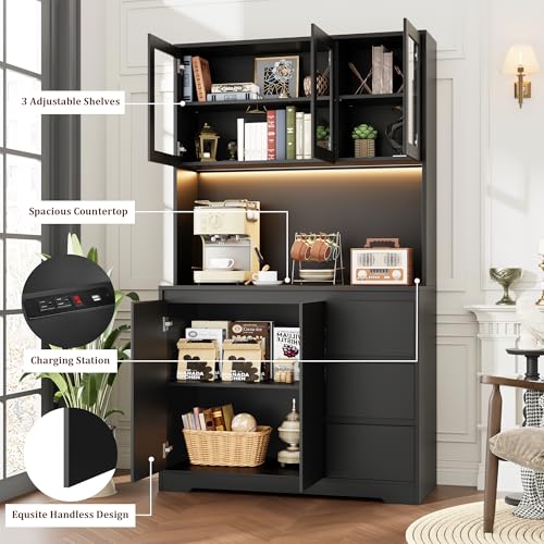 Black 71" Kitchen Pantry Cabinet with LED Lights and Charging Station Z286
