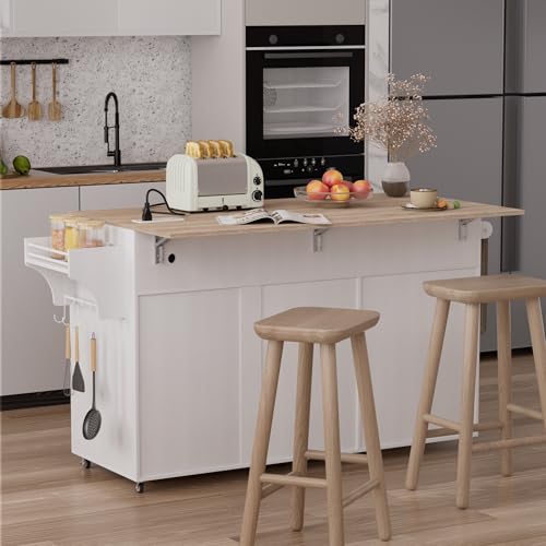 Kitchen Island on Wheels with Storage, Drop Leaf, Power Outlet, Trash Can Storage, Spice Rack, Towel Rack, Drawers L944