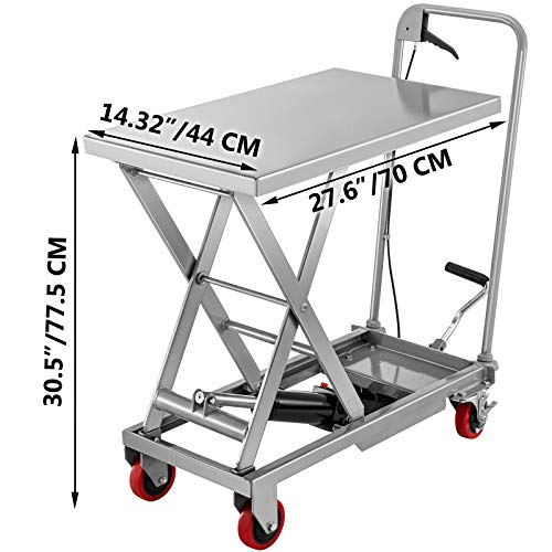 Red Hydraulic Scissor Lift Table Cart 500LBS Capacity 28.5-Inch Lifting Height with Foot Pump C454