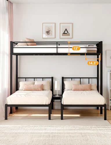 Black Metal Triple Bunk Bed with Guardrails and Ladder K884