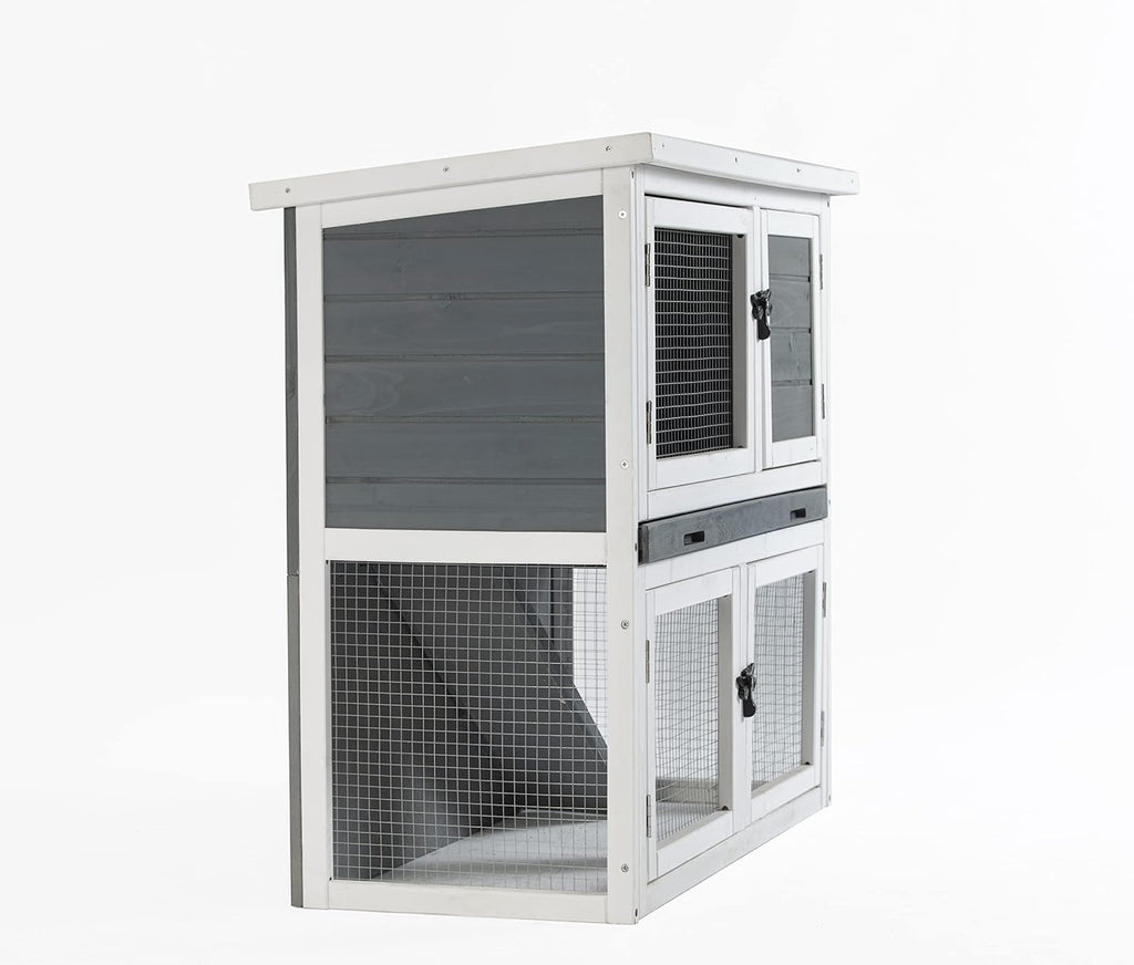 Two Floors Wooden Rabbit Hutch Outdoor with Ramp Removable Tray and Weatherproof Roof J99971