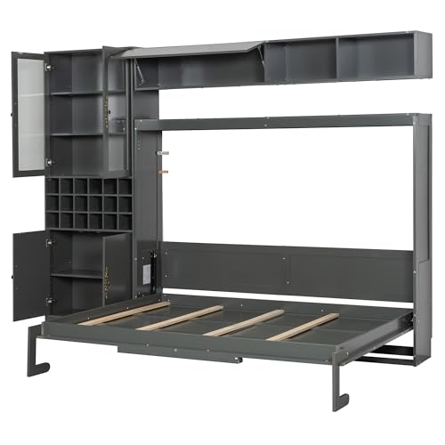 Queen Murphy Bed with Couch and Storage Shelves, Charging Station, LED Light, Wood Foldable Wall Bed Cabinet with Sofa and Storage Cabinet, Bookcase, Wine Rack (White) J945738